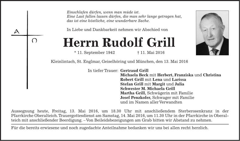 Traueranzeige Rudolf Grill