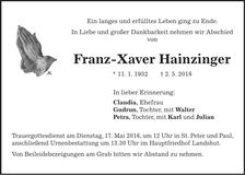 Traueranzeige Franz-Xaver Hainzinger
