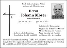 Traueranzeige Johann Moser