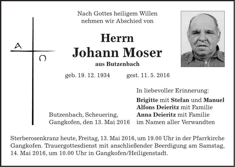 Traueranzeige Johann Moser