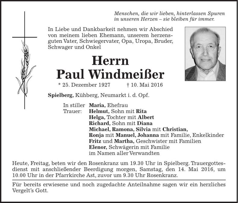 Traueranzeige Paul Windmeißer