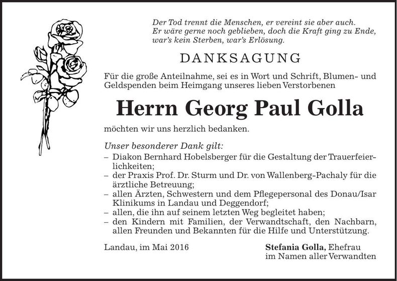 Traueranzeige Georg Paul Golla