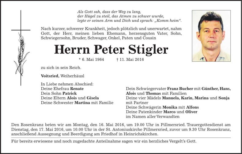 Traueranzeige Peter Stigler