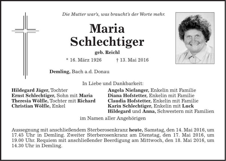 Traueranzeige Maria Schlechtiger