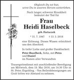 Traueranzeige Heidi Haselbeck