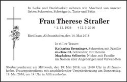 Traueranzeige Therese Straßer
