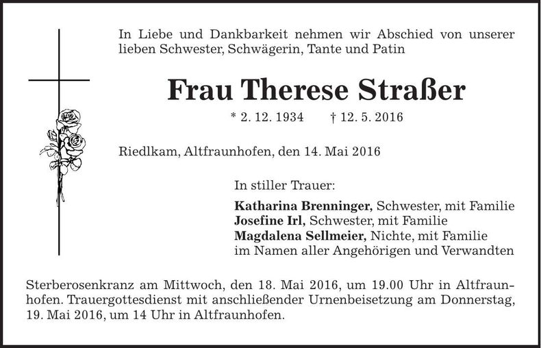 Traueranzeige Therese Straßer