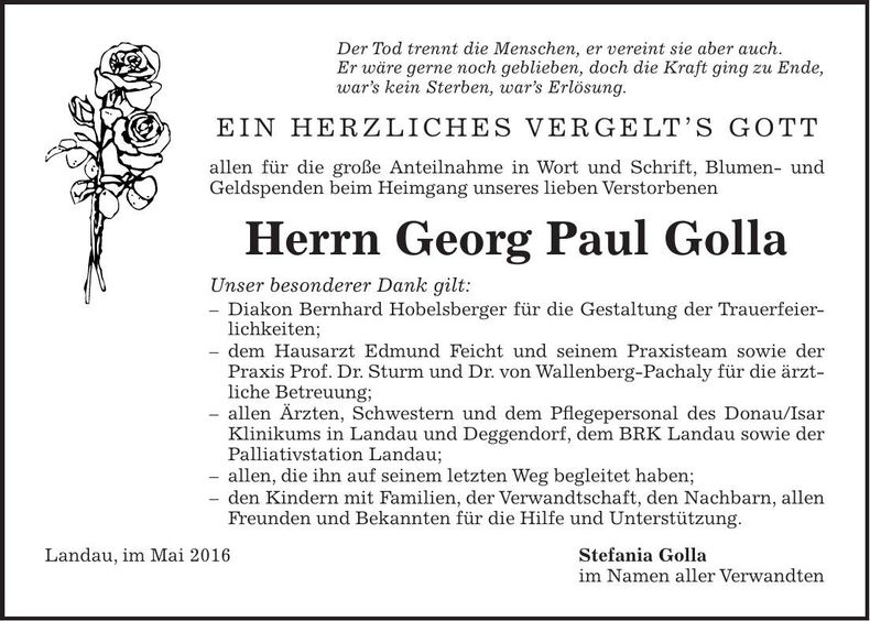 Traueranzeige Georg Paul Golla