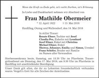 Traueranzeige Mathilde Obermeier