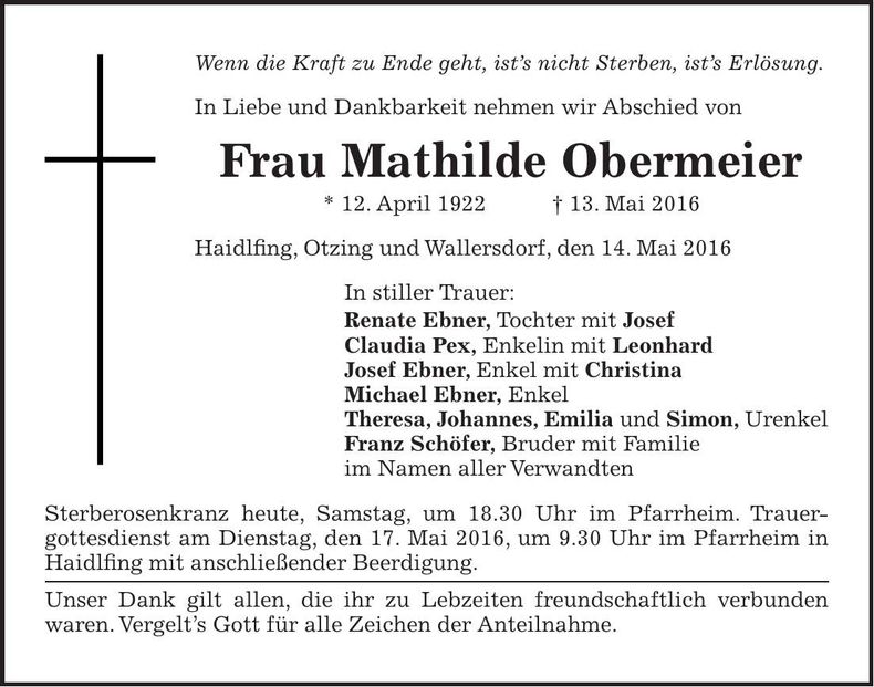 Traueranzeige Mathilde Obermeier