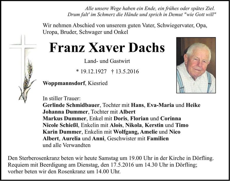 Traueranzeige Franz Xaver Dachs