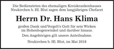 Traueranzeige Hans Dr. Klima