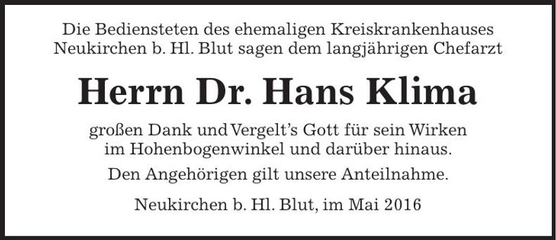 Traueranzeige Hans Dr. Klima