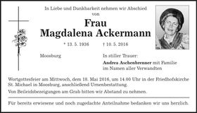Traueranzeige Magdalena Ackermann