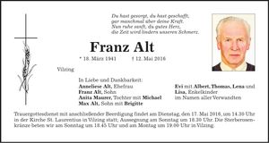 Traueranzeige Franz Alt