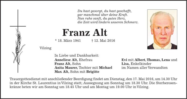 Traueranzeige Franz Alt