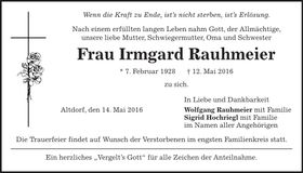Traueranzeige Irmgard Rauhmeier