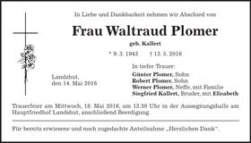 Traueranzeige Waltraud Plomer