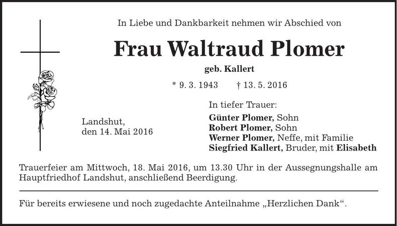 Traueranzeige Waltraud Plomer