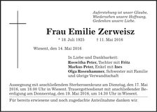 Traueranzeige Emilie Zerweisz