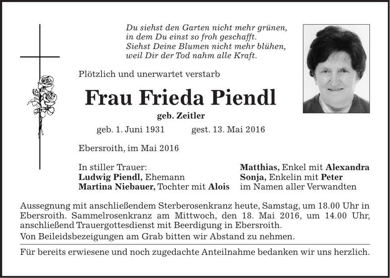 Traueranzeige Frieda Piendl
