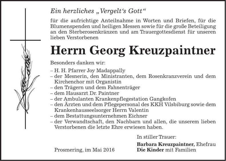 Traueranzeige Georg Kreuzpaintner