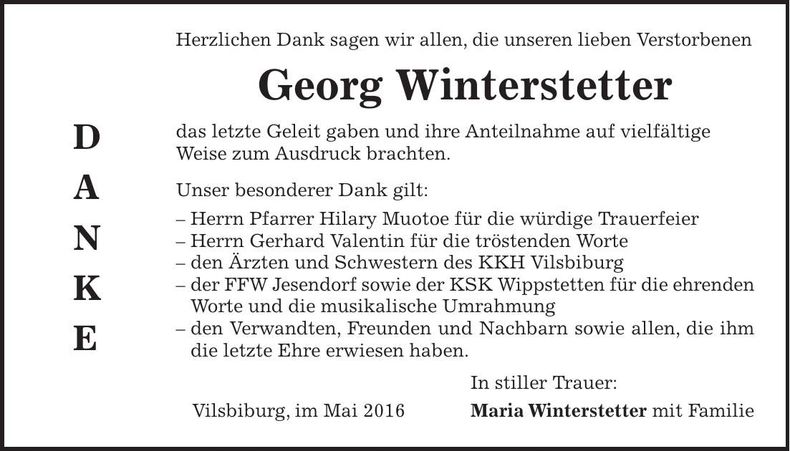 Traueranzeige Georg Winterstetter