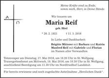 Traueranzeige Maria Reif
