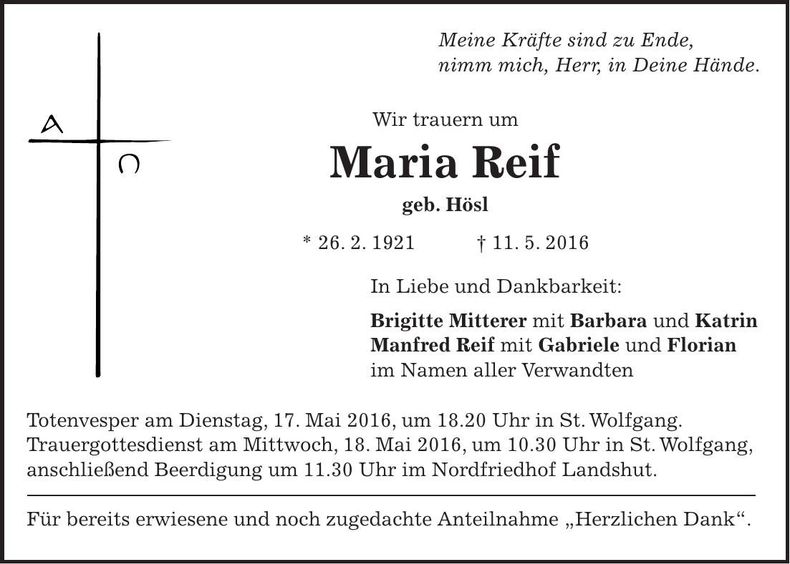 Traueranzeige Maria Reif