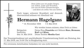 Traueranzeige Hermann Hagelgans