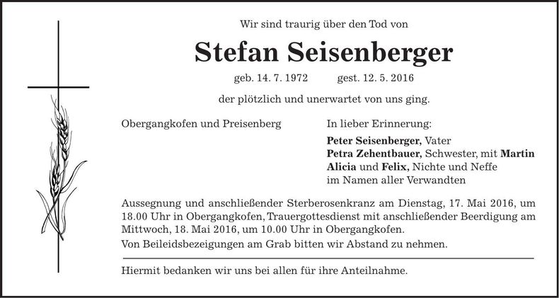 Traueranzeige Stefan Seisenberger