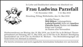 Traueranzeige Ludwina Parzefall