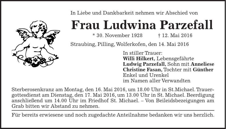 Traueranzeige Ludwina Parzefall