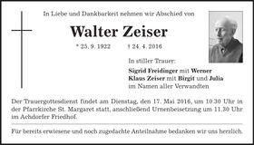 Traueranzeige Walter Zeiser