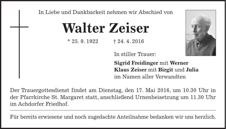 Traueranzeige Walter Zeiser