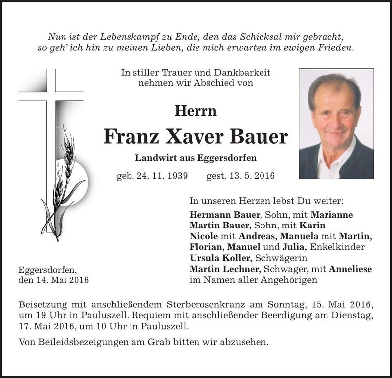 Traueranzeige Franz Xaver Bauer