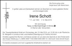 Traueranzeige Irene Schott