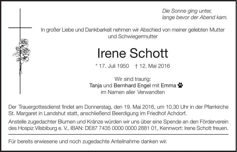 Traueranzeige Irene Schott