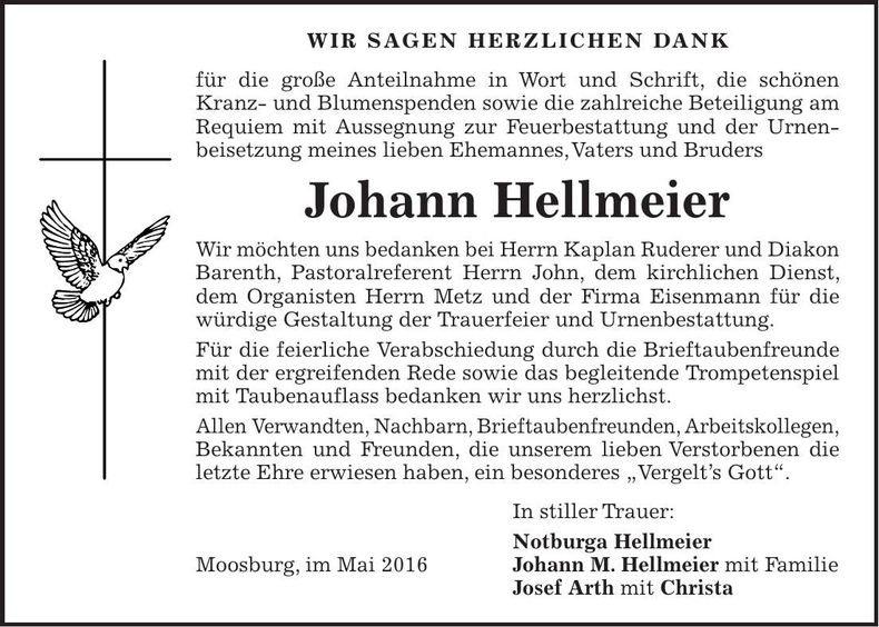 Traueranzeige Johann Hellmeier