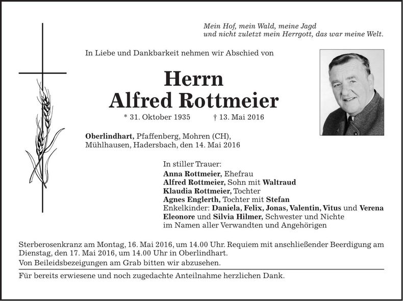 Traueranzeige Alfred Rottmeier