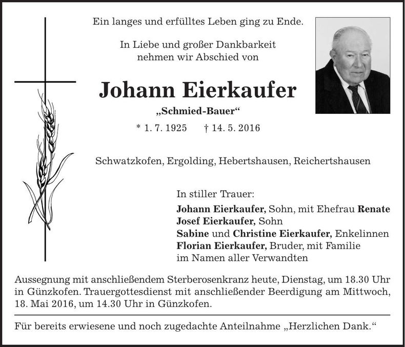 Traueranzeige Johann Eierkaufer