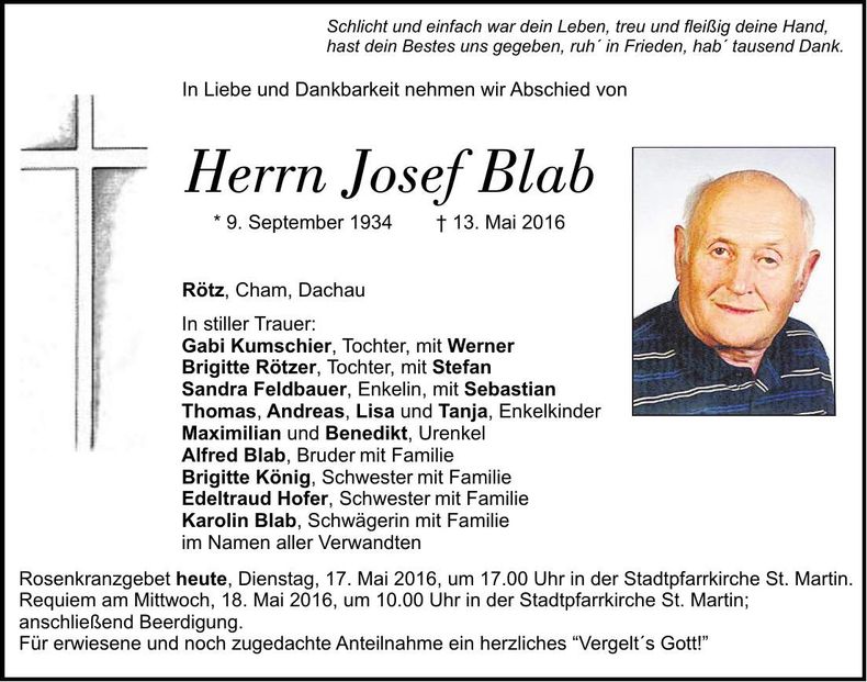 Traueranzeige Josef Blab