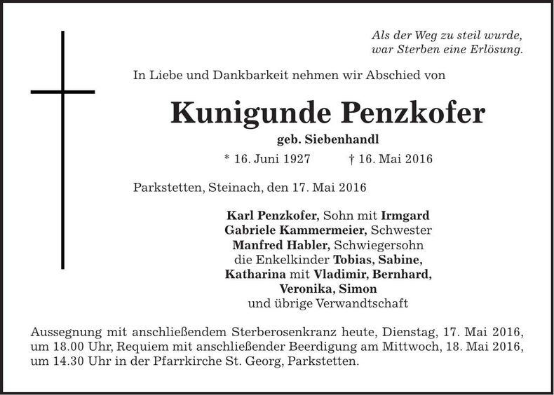 Traueranzeige Kunigunde Penzkofer