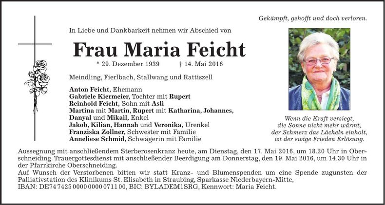 Traueranzeige Maria Feicht