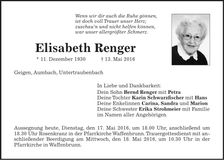 Traueranzeige Elisabeth Renger