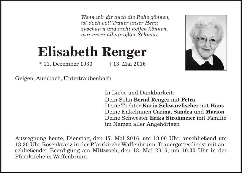 Traueranzeige Elisabeth Renger