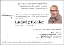 Traueranzeige Ludwig Köhler