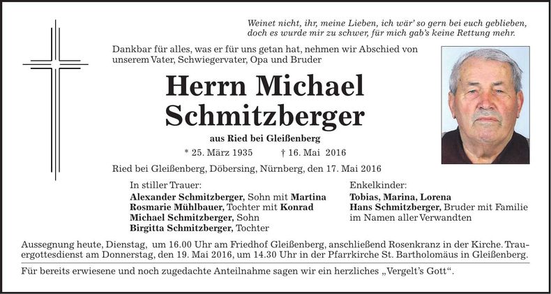 Traueranzeige Michael Schmitzberger