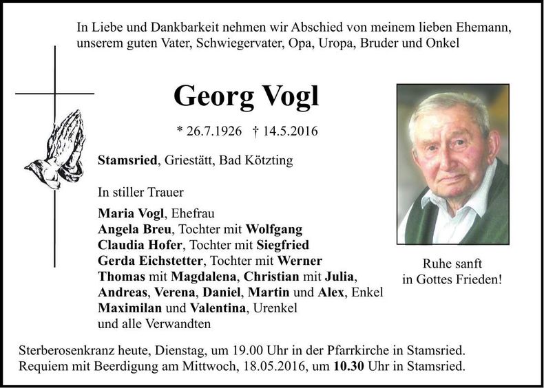 Traueranzeige Georg Vogl