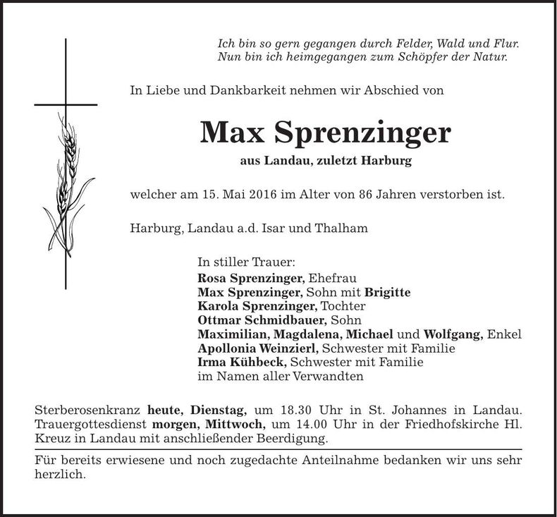 Traueranzeige Max Sprenzinger